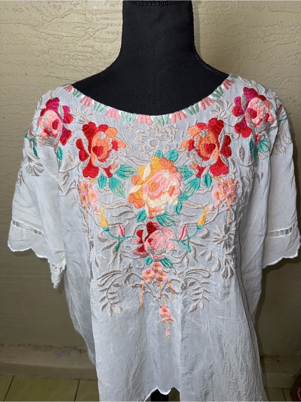 Johnny Was Boho Cottagecore Floral Embroidered Cupra Peasant Top 2XL - Picture 4 of 11